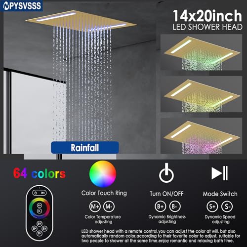 Thermostatic Shower System with 14x20 Inch Ceiling Mount LED Head & 6 Inch Wall Head and Handheld Shower 4 Function Vale with body jets Can All Run Together,Brushed Gold - color: Brushed Gold, style: 14x20 led+6 jets