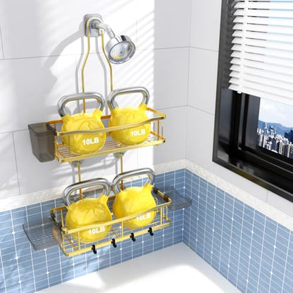 Hanging Shower Caddy Over Shower Head - No Drill Rustproof Shower Rack | Includes Soap Holder and Hooks for Shampoo, Conditioner, and Bathroom Essentials with Stable Storage in Any Shower Space - color: Gold