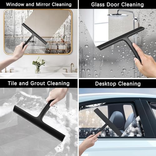 2PACK Shower Squeegee for Glass Doors All-One-Piece Silicone with Hook | Design for Easy Hanging & Cleaning for Bathroom, Window, Kitchen, Mirror, Tile Wall, Car, Streak-Free No-Squeak Tool, Black