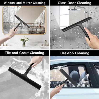 2PACK Shower Squeegee for Glass Doors All-One-Piece Silicone with Hook | Design for Easy Hanging & Cleaning for Bathroom, Window, Kitchen, Mirror, Tile Wall, Car, Streak-Free No-Squeak Tool, Black