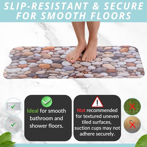 ENKOSI Non-Slip Bath & Shower Mat 40x16 Extra Long, Suction & Drain Holes | Pebble Stone spa look; Durable PVC; 40x16 in, Pebble Stone - color: Pebble Stone