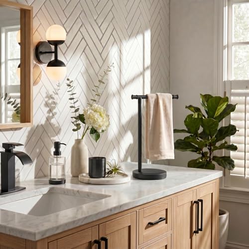Hoimpro Hand Towel Holder Stand Bathroom Towel Bar Rack Countertop Black | Free Standing Towel Hanger for Bathroom Kitchen Vanity Counter,13 Inch, Stainless Steel, Towel Ring, Bath Accessories , Matte - color: Matte Black