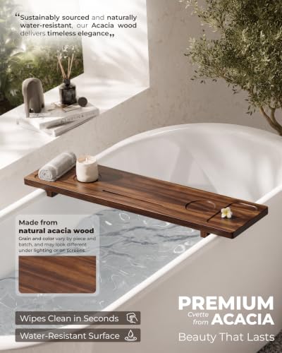 Acacia Wood Bathtub Caddy Tray 34.6" Adjustable Bath Tray for Tub | Bathtub Tray With Non-Slip Grip, Water-Resistant Wood & Stable Expandable Design Keeps Bath Essentials Secure & Within Reach - color: Walnut
