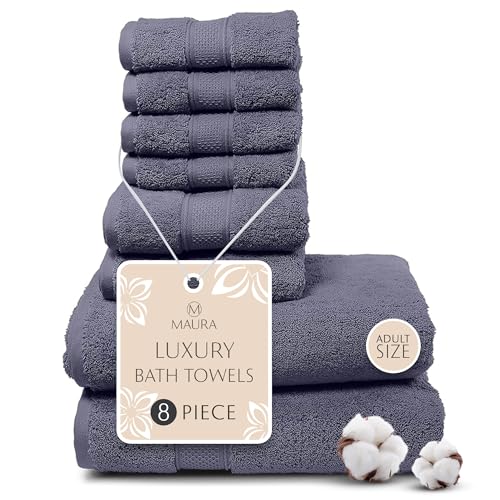 MAURA Indigo Blue Bath Towel Set of 8 for Bathroom. Turkish Cotton Luxury Bath Towels. Extra Large, Thick, Plush & Soft. Hotel & Spa Quality - Denim Blue - color: Denim Blue, size: 8-Piece Set (2 Bath, 2 Hand, 4 Washcloth)