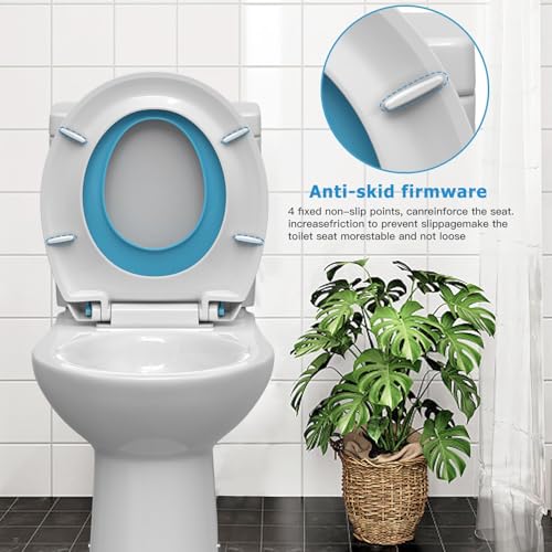 Blue Round Toilet Seat with Built-In Potty Training Seat for Adult and Child, Soft Quiet-Close Lid with Non-Slip Design, Magnetic Kids Seat, Easy to Install and Clean - color: Blue, with Toddler Seat, size: Round (17″)