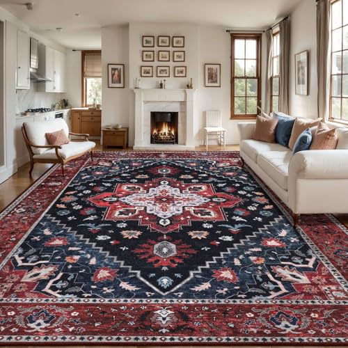 Ciicool 9x12 Area Rugs for Living Room,Washable Large Oriental Non-Slip Carpet for Bedroom Dining Room,Boho Thin Throw Rug for Kitchen - color: Dark Blue/Red, size: 9' x 12' (Rectangular)