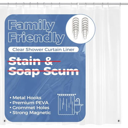 downluxe Clear Shower Curtain Liner with Hooks, Plastic Shower Liner, 72" W x 78" L Lightweight Shower Curtains for Bathroom(12 Hooks, 1PC) - color: Clear With Hooks, size: 72"W x 78"L (Pack of 1)