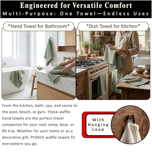 PÜSKÜL Natural 100% Turkish Cotton Waffle Hand and Kitchen Towels Set of 3 | Sage Green, Large 32x16 inc, Honeycomb-Waffle weave towel for bathroom & kitchen. Premium quality oeko-tex made in Turkey. - color: Sage Green, size: Kitchen & Hand Towels Pack o