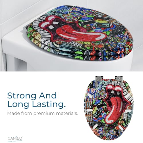 SANILO Wooden Toilet Seat with Soft Close [ELONGATED] - Decorative, Quiet & Slow Close Molded Wood Seat - With Strong Bumpers & Hinges - Adjustable Fit - Graffiti - color: Graffiti