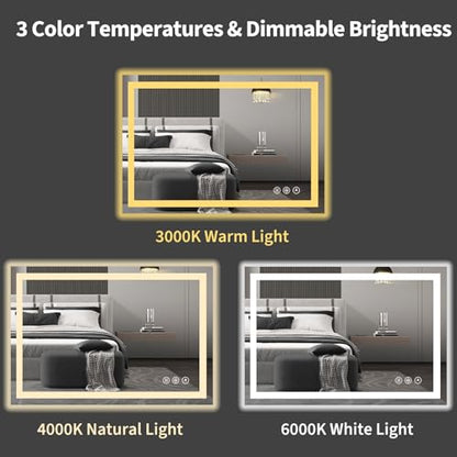 Koonmi 36x24 LED Bathroom Mirror, Shatterproof Mirror with Light | 90CRI Shatterproof Vanity Mirror with Backlit + Front Lit, Easy Install for Bathroom Hotel (IP65) - size: 36"L x 24"W