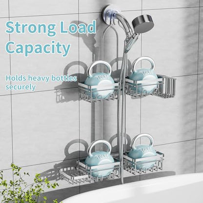 KEGII Hanging Shower Caddy for Handheld Showerheads, Silver | Rustproof Over Showerhead Organizer with Soap Dish, Toothbrush Holder and Hooks for Bathroom Shower Storage - style: Silver – 2-Tier Hanging Shower Caddy