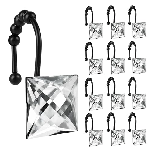 Sunlit Luxury Design Square Clear Diamond Crystal Gem Bling with Glide Balls Shower Curtain Hooks, Rust Proof Metal Rhinestones Glam Shower Curtain Rings with Black Hooks, Set of 12 - color: Clear With Black Hooks