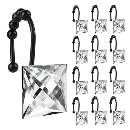Sunlit Luxury Design Square Clear Diamond Crystal Gem Bling with Glide Balls Shower Curtain Hooks, Rust Proof Metal Rhinestones Glam Shower Curtain Rings with Black Hooks, Set of 12 - color: Clear With Black Hooks