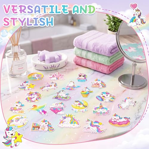 Fullhawl 30 Pcs Unicorn Non Slip Bathtub Stickers Unicorn Anti Slip Shower Stickers Shower Floor Nonslip Sticker Applique Adhesive Decals Treads with Scraper for Bathtub Bathroom Floor - style: Unicorn