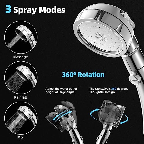 Marbrasse High Pressure Shower Head, 3-Settings Handheld Showerhead with ON/Off Full Shutoff Push Button and Switch to Control Flow, Angle-Adjustable Water Saving Body Sprays(Chrome) - color: Chrome