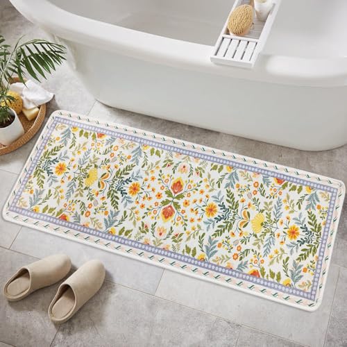 BBSET Sage Green Floral Bathroom Rug 47 * 16inch Long Plant Bath Mat for Shower Non Slip Absorbent Cute Leaf Bath Rugs (Yellow Flower) - color: Yellow Flowers