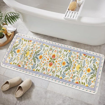 BBSET Sage Green Floral Bathroom Rug 47 * 16inch Long Plant Bath Mat for Shower Non Slip Absorbent Cute Leaf Bath Rugs (Yellow Flower) - color: Yellow Flowers