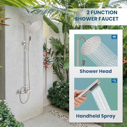 gotonovo 304 Stainless Steel Outdoor Shower Fixtures Exposed,Brushed Nickel | 8 Inch Rain Showerhead with Handheld Sprayer Outdoor Outside Shower Kit System Faucet Head Valve Wall Mount for Pool Backyard - color: Nickel