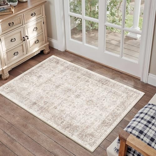2x3 Entryway Rug Beige Washable Vintage Rugs for Entryway Kitchen | Soft Low Pile Non-Slip Door Mat Traditional Distressed Small Throw Area Rugs for Kitchen Entrance Bathroom Neutral Beige - color: Neutral Beige, size: 2'*3'(Rectangular)