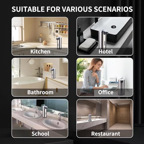 Automatic Soap Dispenser, Automatic Soap Dispenser Touchless, Kitchen & Bathroom, 3 Adjustable Volume for Liquid Soap, Water-Resistant, Hotel, Restaurant and School, Clog-Free, Stainless Steel