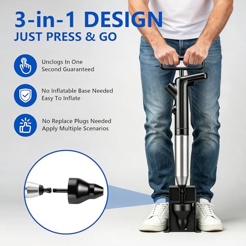 Toilet Plunger, High Pressure Toilet Plunger, Air Drain Blaster with Visual Barometer, Stainless Steel Drain Clog Remover Heavy Duty Plunger for Bathroom,Toilet, Kitchen, Floor Drain