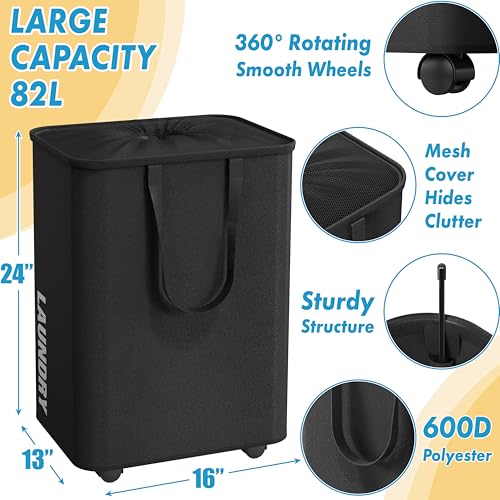 Simple Houseware Large 82L Laundry Basket with Wheels and Handles, Black | Collapsible Waterproof Hamper with Mesh Cover - color: Black