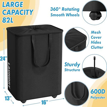 Simple Houseware Large 82L Laundry Basket with Wheels and Handles, Black | Collapsible Waterproof Hamper with Mesh Cover - color: Black