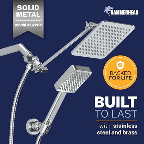 HammerHead® Solid Metal Dual Shower Head Combo — 8" Square Rain Shower Head with Handheld, 12" Adjustable Arm & Wall-Mount Holder for Flexible Installation — Chrome
