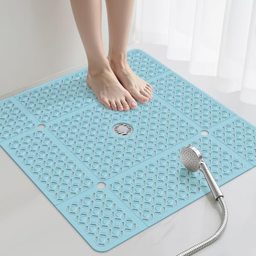 Yolife Square Shower Mat, 27" x 27" Shower Mat with Drain Hole in Middle | Extra Large Soft TPE Non Slip Shower Mats for Inside Shower, Anti Slip Washable Shower Floor Mat with Suction Cups, Blue - color: Blue