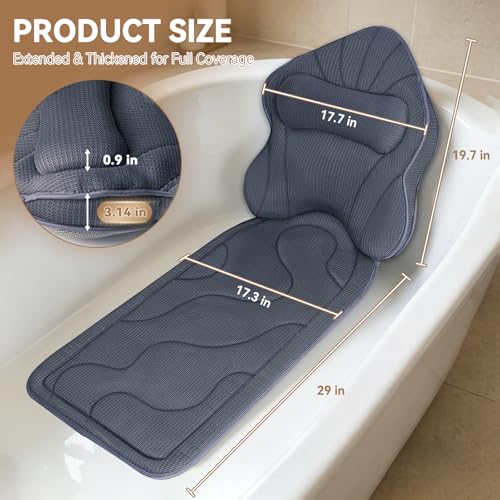 Poemland Bath Pillow for Tub, Extra Thick Full Body Bath Pillow | Head & Neck Support, 5D Mesh Breathable Spa Cushion, 144 Non-Slip Suction Cups, Quick Dry for Home Spa Relaxation, Grey
