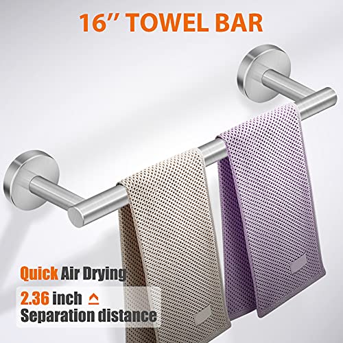 Tudoccy 5-Piece Brushed Nickel Bathroom Hardware Set, 16in SUS304 | Includes hand towel bar, toilet paper holder, 3 robe hooks; round wall-mounted design for modern bathroom - color: Brushed Nickel, size: 16 Inch 5 pcs