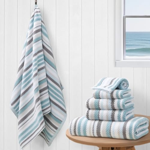 VOOVA & MOVAS Striped Towels 6 Pack, 100% Cotton, Aqua | Full Bathroom Decor, Available in 13x13, 16x27, 28x52 In, Quick Dry, Highly Absorbent, Bath Towels with Hanging Loops - color: Gray + Aqua Striped, size: 6 PCS Bathroom Towels