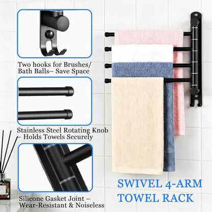 Swivel Towel Rack for Bathroom, 4-Arm 180° Rotating Heavy Duty Towel Bar | Wall Mounted Rustproof Swing Out Towel Holder with Hooks for Space Saving (Matte Black)