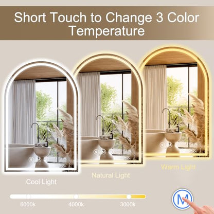 Arched LED Bathroom Mirrors with Lights 22"x36", Anti-Fog, Dimmable, Shatterproof, Touch Sensor - size: 36"L x 22"W