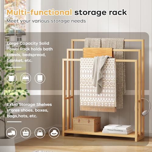 Bamboo Towel Rack Stand, 3 Tier Freestanding Bathroom Towel Drying Rack | 31.5"W × 9.4"D × 39.4"H • Natural • Waterproof • Blanket rack • Blanket holder • Ventilated • Bottom shelf • Anti-tip - color: Natural
