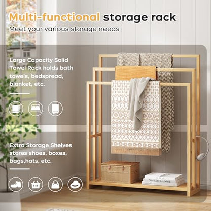 Bamboo Towel Rack Stand, 3 Tier Freestanding Bathroom Towel Drying Rack | 31.5"W × 9.4"D × 39.4"H • Natural • Waterproof • Blanket rack • Blanket holder • Ventilated • Bottom shelf • Anti-tip - color: Natural