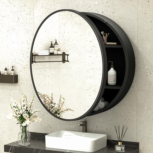 TokeShimi 28 Inch Round Medicine Cabinet for Bathroom with Mirror Surface Mount Only Black Metal Framed Mirrored Bathroom Cabinet Large Modern Farmhouse Circle Wall Mounted Vanity Mirror with Storage - color: Black, size: Round 28 IN