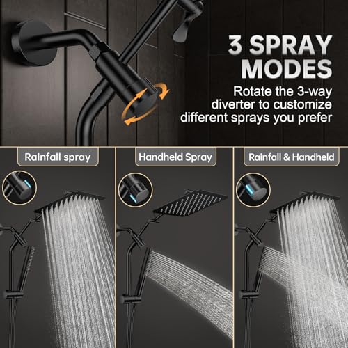 Veken All Metal 10" Luxurious Rain Shower Head with Handheld Spray,Square | Best Dual High Pressure Shower Heads Combo,Double Detachable Showerhead, Adjustable Rainfall,Bathroom Accessories,Matte Black - color: Black Matte, size: 10 Inch