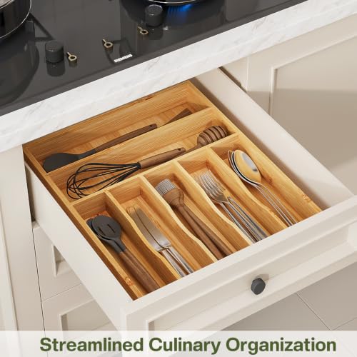 BAMEOS Bamboo Flatware Organizer 16.5×12.8 –Silverware Tray for Small Kitchen Drawers, 2" H Cutlery Holder | Forks, Spoons, Knives - size: 2''H 16x13