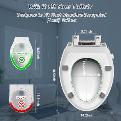 Huttdmel Raised Bidet Toilet Seat Elongated 18.5" – Soft Close, Dual Self-Cleaning Nozzles, Quick Release & Connect, Sturdy PP, Won't Loosen, Ideal for Seniors, Elderly & Limited Mobility, White - size: Raised Seat with Bidet & Premium