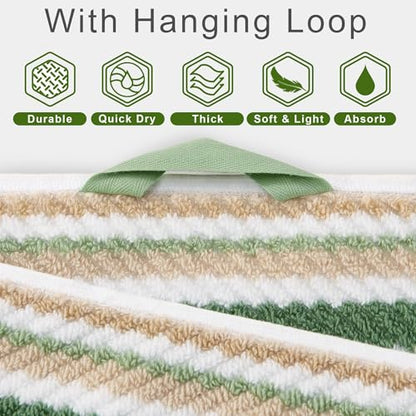 VOOVA & MOVAS Striped Towels 6 Pack, 100% Cotton, Sage Green | Daily Bathroom Use, Available in 13x13, 16x27, 28x52 In, Quick Dry, Soft, Absorbent, Bath Towels with Hanging Loops - color: Sage + Green + Beige Striped, size: 6 PCS Bathroom Towels