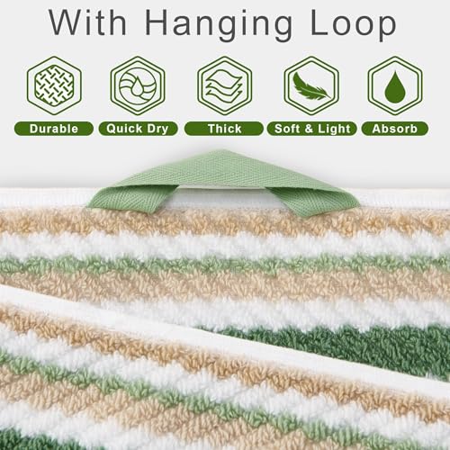 VOOVA & MOVAS Striped Towels 6 Pack, 100% Cotton, Sage Green | Daily Bathroom Use, Available in 13x13, 16x27, 28x52 In, Quick Dry, Soft, Absorbent, Bath Towels with Hanging Loops - color: Sage + Green + Beige Striped, size: 6 PCS Bathroom Towels