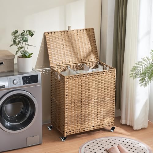 Laundry Hamper with Wheels&Lid, 50.2 Gallons(190L) Rolling Laundry Basket with Wheels, 3-Section Laundry Hamper, Handwoven Rattan Clothes Hamper with 6 Removable Liner& 3 Mesh Laundry Bags, Natural - color: Natural