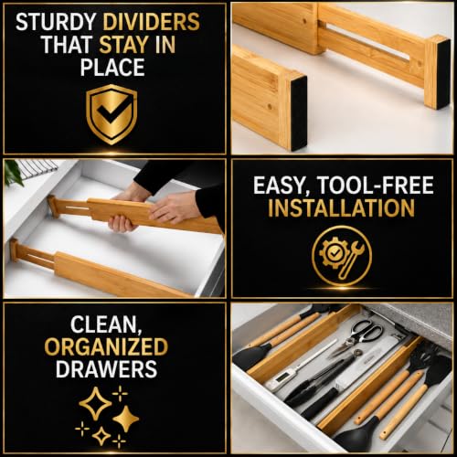 Adjustable Bamboo Drawer Dividers Expandable 8 Pack 17-22 Organizer | Kitchen, Dresser, Closet, Bathroom, Bedroom & Office Storage, Solid Moso Bamboo, Spring-Loaded, 80 Labels