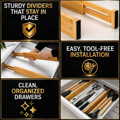 Adjustable Bamboo Drawer Dividers Expandable 8 Pack 17-22 Organizer | Kitchen, Dresser, Closet, Bathroom, Bedroom & Office Storage, Solid Moso Bamboo, Spring-Loaded, 80 Labels