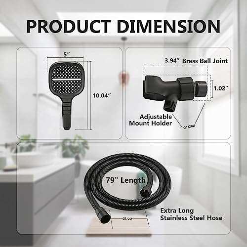 Handheld Shower Head with Extra Long Hose, 8 Setting Square Detachable Hand Held Spray with Upgrade Piano-Key Button & On Off Switch, 79" Long Stainless Steel Hose, Adjustable Bracket - Matte Black - color: Matte Black