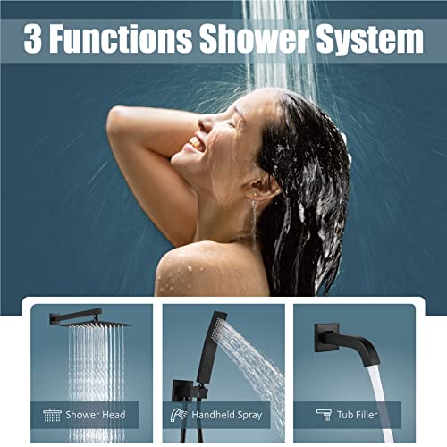 Aolemi Shower Faucet Set with Tub Filler Handheld 10" Head Matte Black | Shower Valve and Trim Kit,Handheld Spray,Tub Spout,Single Handle,SUS304,Bathroom Mixer for Remodeling - color: Black, size: 10 Inch Shower Head
