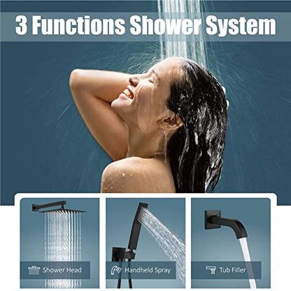 Aolemi Shower Faucet Set with Tub Filler Handheld 10" Head Matte Black | Shower Valve and Trim Kit,Handheld Spray,Tub Spout,Single Handle,SUS304,Bathroom Mixer for Remodeling - color: Black, size: 10 Inch Shower Head