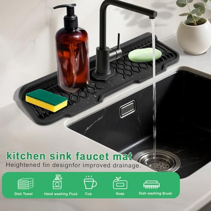 17 Inch Faucet Mat For Kitchen Sink Splash Guard Behind Faucet, ，5°Slope Fast Draining Silicone Mat , Dish Soap Sponge Holder for Bathroom Sink kitchen sink organizer (black, 17" x 6") - color: Black