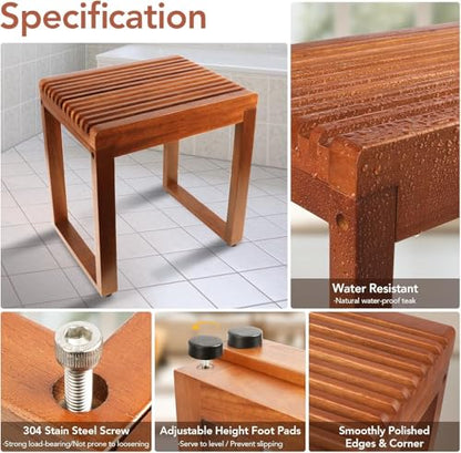 15.7'' Compact Teak Shower Stool, Solid Wood Spa Bench for Walk-In Shower | Waterproof Solid Teak Shower Seat, Shower Foot Rest for Shaving Legs, Bathroom Bench for Inside Shower, Indoor & Outdoor Use - size: Upgraded-Small
